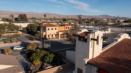 Sunset palm view of historic downtown Coachella, California, USA.