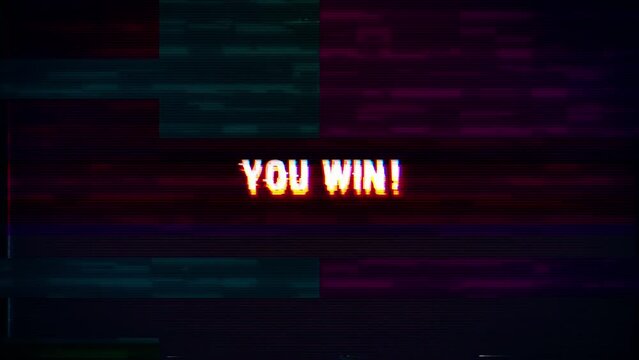 YOU WIN text with Glitch pixel screen animation. VHS vignetted capture effect, Tv screen noise glitch, and transition effect