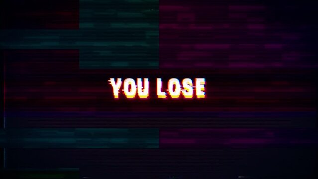 YOU LOSE text with Glitch pixel screen animation. VHS vignetted capture effect, Tv screen noise glitch, and transition effect