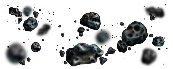Fototapeta Stone asteroid belt realistic vector illustration. Meteor, space boulder or rock with craters flying in weightlessness isolated icon set on white background, various form obraz