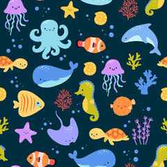 Fototapeta na wymiar Childish seamless pattern with sea animals on dark background. Cute marine underwater fauna with turtle, whale and jellyfish. Endless design. Colorful flat cartoon vector characters