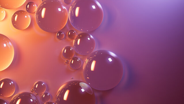 Liquid Drops Background. Orange and Violet, Science Wallpaper with Copy-Space.