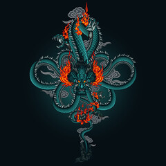 flying dragon chasing fireball vector illustration