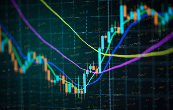 Stock market exchange graph price with investment of business financial digital background - Candle stick charts stock or forex trading indicator on computer monitor for investors