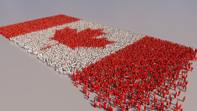 A Crowd of People gathering to form the Flag of Canada. Canadian Banner on White.