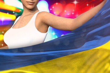 Fototapeta na wymiar pretty lady holds Ukraine flag in front on the party lights - flag concept 3d illustration