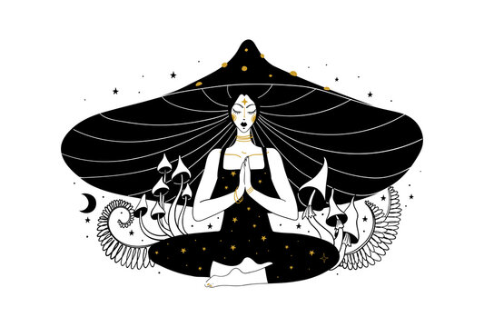 Meditating mushroom girl, concept of microdosing, drug trip, microdosing with fly agarics. Woman in mushroom hat in lotus position, relaxation and balance of mind. Sketch vector illustration with hand
