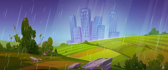 Poster Summer scene with fields and city on skyline in rain. Vector cartoon illustration of countryside landscape with farm lands, green bushes, path and town at rainy weather © klyaksun