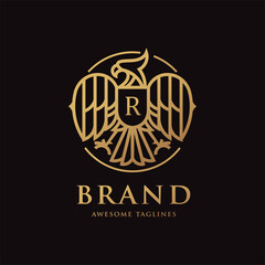 heraldic eagle linear with letter R logo vector