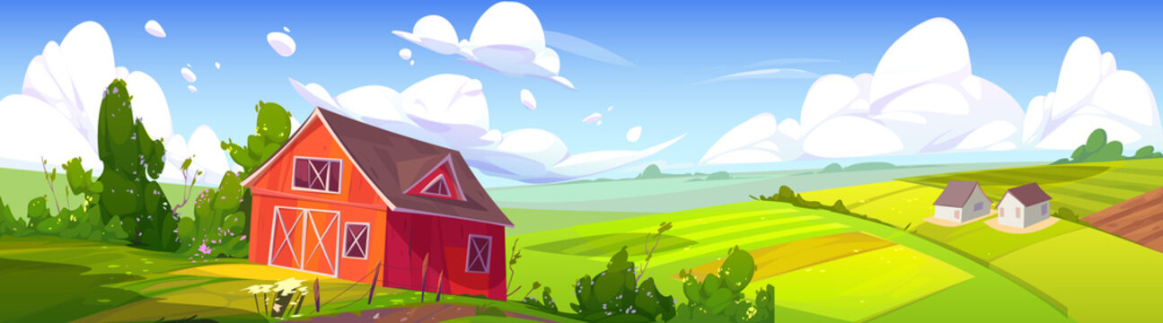 Summer rural landscape with farm barn, green agriculture fields and village houses. Vector cartoon illustration of countryside panorama, farmland with wooden granary, road, fence, trees and bushes