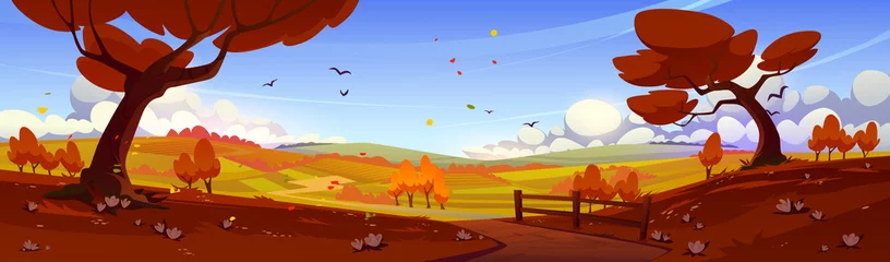  Autumn rural landscape with orange trees, agriculture fields, road and fence. Vector cartoon illustration of nature scene, countryside panorama with farmlands in fall © klyaksun