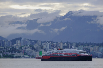 Hurtigruten expedition vessel cruiseship cruise ship liner Roald Amundsen arrival into Port of...