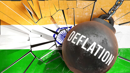 Deflation and India, destroying economy and ruining the nation. Deflation wrecking the country and causing  general decline in living standards.,3d illustration