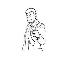 line art smiling businessman in suit showing thumb up hand gesture illustration vector hand drawn isolated on white background