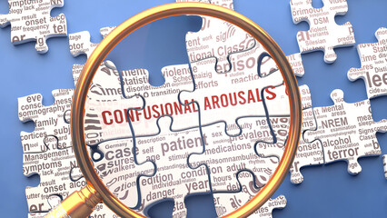Confusional arousals as a complex topic under close inspection. Complexity shown as puzzle pieces with dozens of ideas and concepts correlated to Confusional arousals,3d illustration