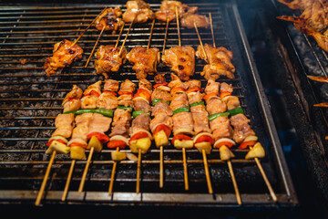 Barbecue skewers on a street side grill