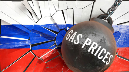 Russia and Gas prices that destroys the country and wrecks the economy. Gas prices as a force causing possible future decline of the nation,3d illustration
