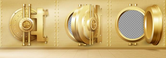 Bank vault with open and closed safe door. Vector realistic interior of room with round gold door and golden metal walls for safety storage deposits. Bank safe with dial lock - obrazy, fototapety, plakaty