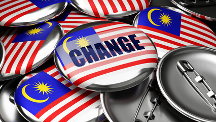 Change in Malaysia - national flag of Malaysia on dozens of pinback buttons symbolizing upcoming Change in this country. ,3d illustration