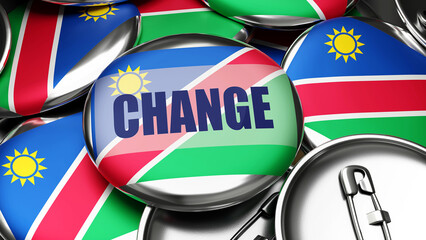 Change in Namibia - national flag of Namibia on dozens of pinback buttons symbolizing upcoming Change in this country. ,3d illustration