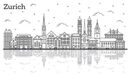 Outline Zurich Switzerland City Skyline with Historic Buildings and Reflections Isolated on White. - obrazy, fototapety, plakaty