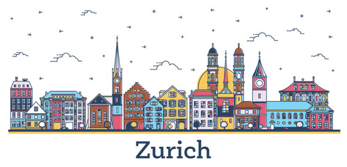 Obraz premium Outline Zurich Switzerland City Skyline with Colored Historic Buildings Isolated on White.