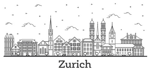 Outline Zurich Switzerland City Skyline with Historic Buildings Isolated on White. - obrazy, fototapety, plakaty