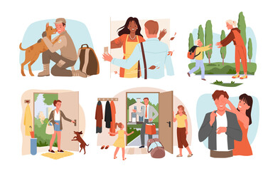 Happy people return home set vector illustration. Cartoon man and woman homecoming from trip vacation, work or army, standing at open door, family and dog meeting person in doorway with hugs