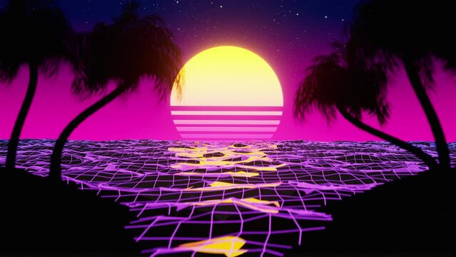retro futuristic island with ocean wireframe, 80s sun and palm tree. Retrowave, synthwave arcade graphics.