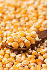 dry corn in wooden spoon texture background.