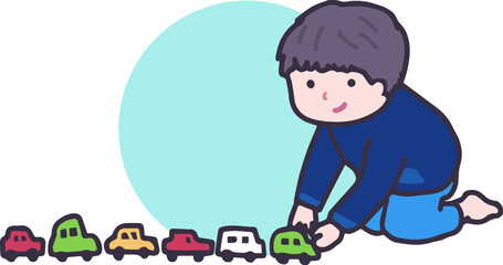 おもちゃを並べる子供。自閉症スペクトラム症。ASD、高機能自閉症、アスペルガー症候群。行動特性、発達障害