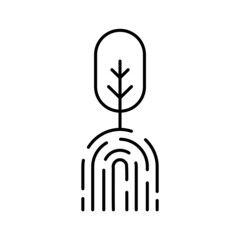 Tree with fingerprint roots line icon. Carbon footprint concept. Zero emission. Carbon neutral. Carbon offset idea. Reforestation. Environmental conservation. Vector illustration, flat, clip art. 