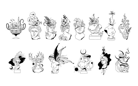 Mystical and floral antique greece sculptures of gods and goddess, vector black white line celestial silhouettes of ancient Greece bust statues, fantasy botanical hand drawn isolated clip arts