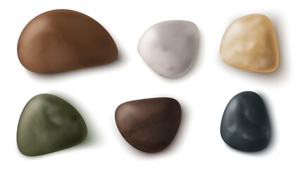 Obraz na płótnie Canvas Sea or river beach pebble stone 3d isolated vector illustration. Ocean coast small rocks or smooth boulder various color and shape, realisric icon set on white background