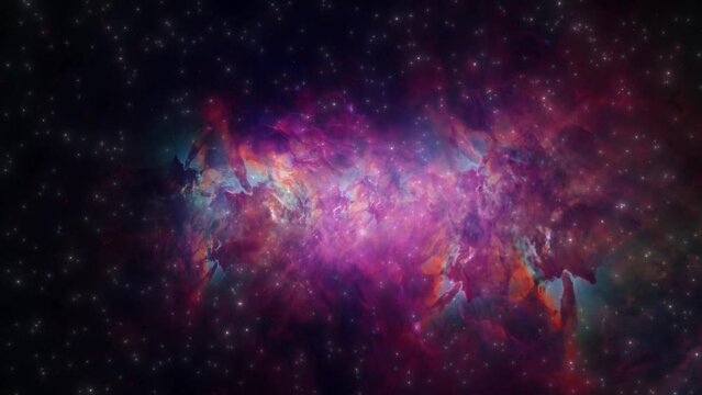 Flying through stars in a spiral galaxy with gas cloud space background.