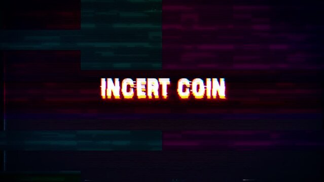 Insert Icon text with Glitch pixel screen animation. VHS vignetted capture effect, Tv screen noise glitch, and transition effect for video editing