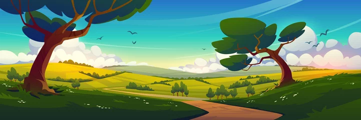 Gardinen Summer nature landscape with country road and agriculture fields. Vector cartoon illustration of rural countryside of farmland with road and green trees, blue sky and white clouds in horizon © klyaksun
