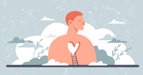 A man without a heart. The concept of psychological childhood trauma, relationship problems, divorce, teen communication problems. Flat cartoon vector illustration, psychological banner.