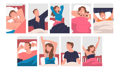 People Character Waking Up Feeling Happy Stretching Out in Bed Getting Up in the Morning Vector Set