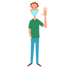 A fashionable thin man in a medical mask greets. Friendly greeting of a young guy. Vector illustration in a flat style, isolated on a white background.