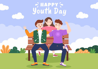 Happy International Youth Day Cute Cartoon Illustration with Young Boys and Girls For Campaign in Flat Style Background