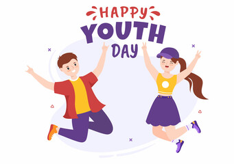 Happy International Youth Day Cute Cartoon Illustration with Young Boys and Girls For Campaign in Flat Style Background