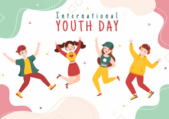 Happy International Youth Day Cute Cartoon Illustration with Young Boys and Girls For Campaign in Flat Style Background