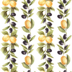 Watercolor seamless background with olives branch and lemon isolated.