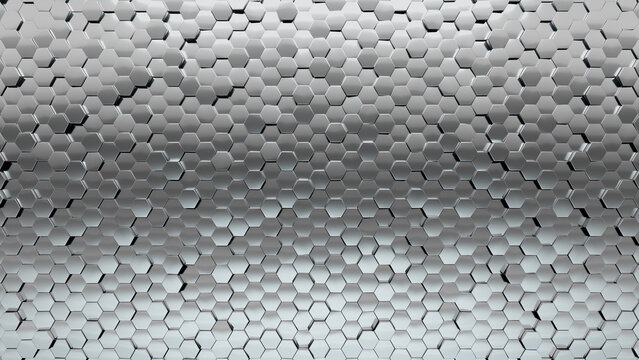 Polished, 3D Wall Background With Tiles. Hexagonal, Tile Wallpaper With Luxurious, Silver Blocks. 3D Render