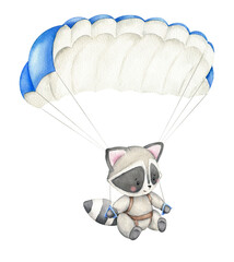 Cute little raccoon with blue parachute. Skydiving illustration. Hand painted watercolor design isolated on white background. Cartoon kid character. For posters, prints, cards, background - obrazy, fototapety, plakaty