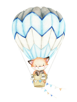 Cute little fox in hot air balloon illustration. Hand painted watercolor design isolated on white background. Cartoon kid character. For posters, prints, cards, background