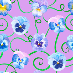 Seamless violet pattern. Pansies. Watercolor illustration. Isolated on a purple background.