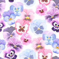 Seamless violet pattern. Pansies. Watercolor illustration. Isolated on a white background.