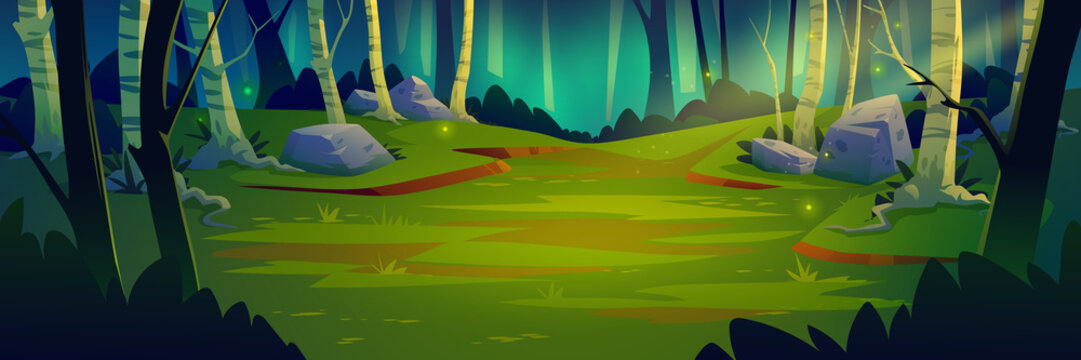 Deep forest landscape, cartoon vector illustration. Fairy tale or playful background, with murky forest thicket, glade with single ray of light, dark trees and stone, flying fireflies